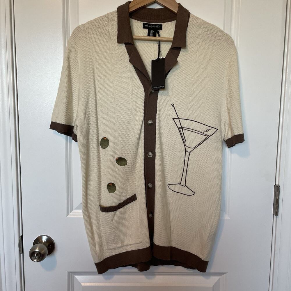 NWT Art of Rhetoric Martini Olive Cocktail Textured Knit Button Up Polo Shirt - Picture 2 of 11